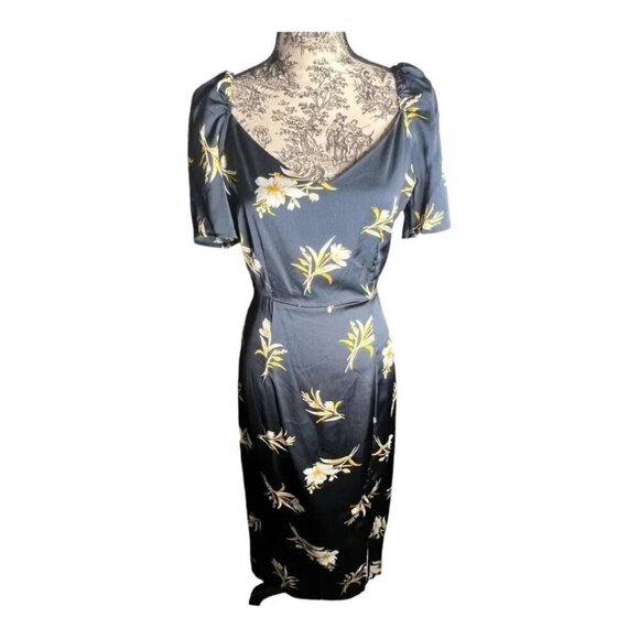 Sam Edelman Tossed Floral Puff Midi Navy Dress Size 10 - Picture 4 of 7